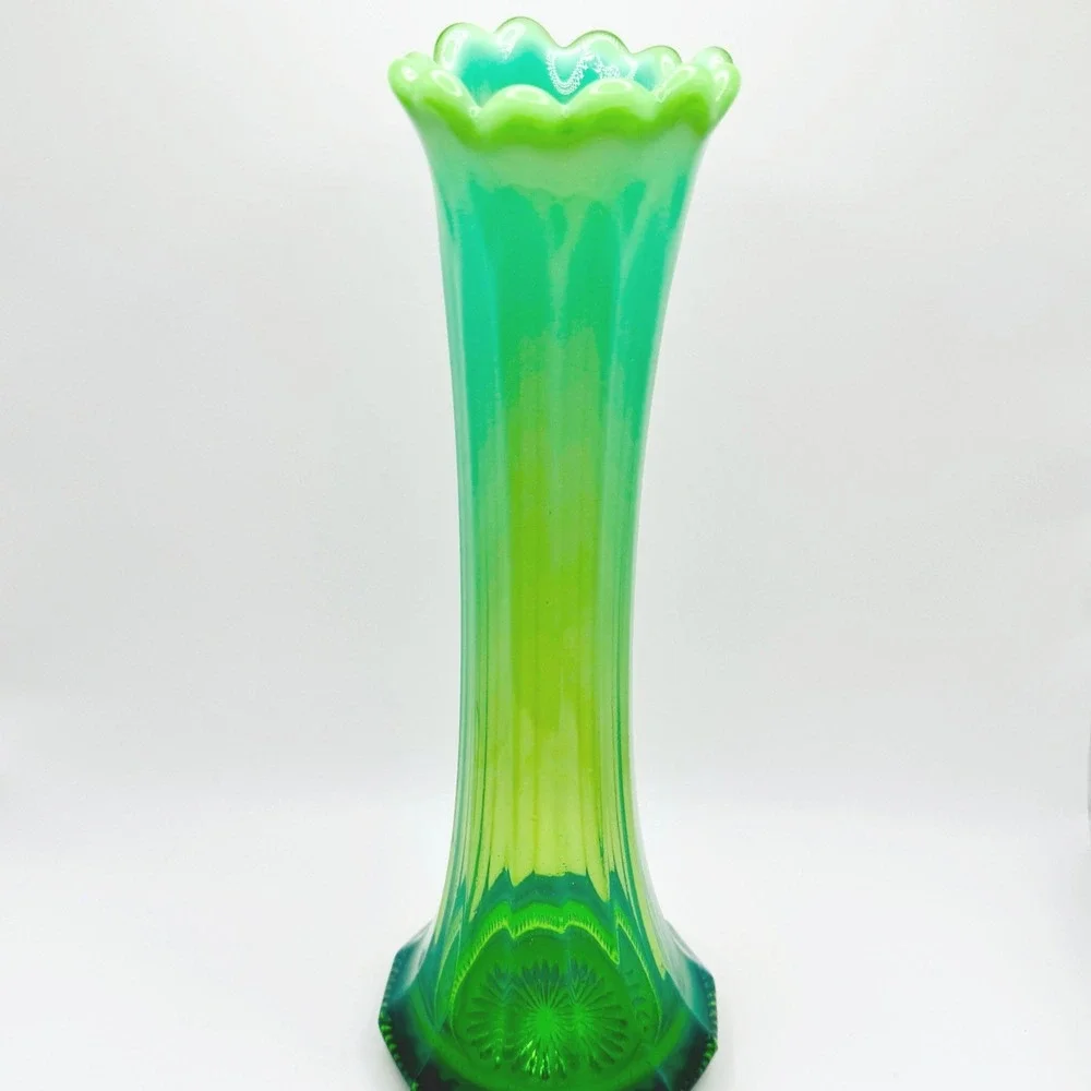 Vintage Green Opalescent Glass Vase 10